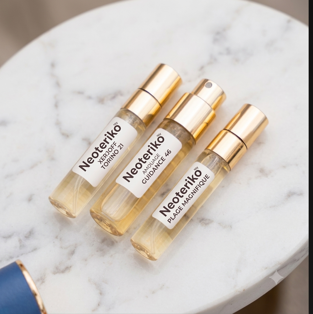 Three Neoteriko atomizers labelled Xerjoff Torino 21, Amouage Guidance 46 and Plage Magnifique on a marble table